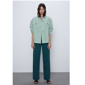 Zara OVERSIZED CORDUROY OVERSHIRT WITH
POCKETS sea green color